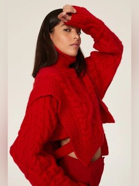 Aknvas Bonnie cable knit turtleneck open side sweater in red small